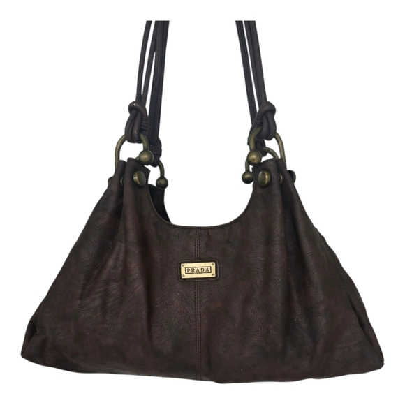 Prada Brown Shoulder HandBag Women Gold Accents - Picture 3 of 16